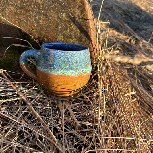 Mugg horisont - keramikmugg gyllene gul m blå glasyr 