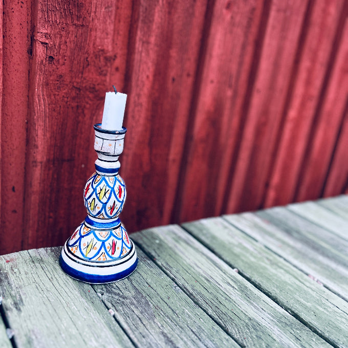 Handgjord marockansk ljusstake blå och röd